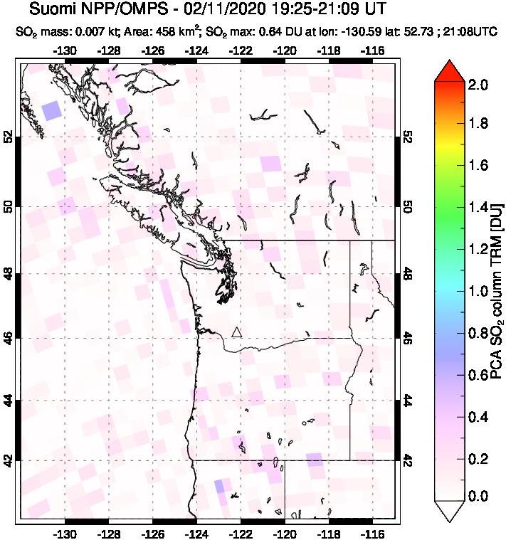A sulfur dioxide image over Cascade Range, USA on Feb 11, 2020.