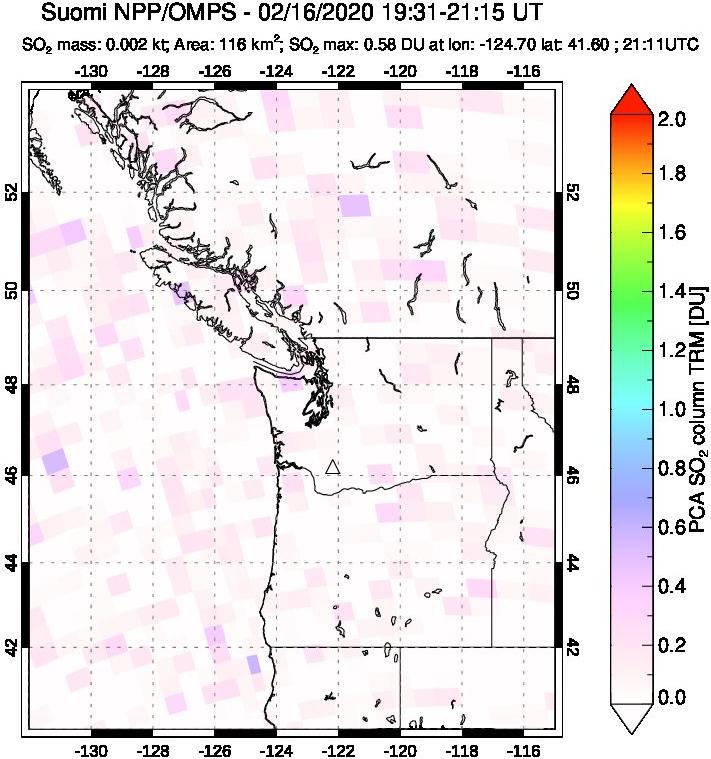 A sulfur dioxide image over Cascade Range, USA on Feb 16, 2020.
