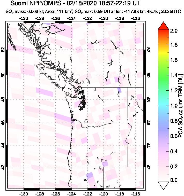 A sulfur dioxide image over Cascade Range, USA on Feb 18, 2020.