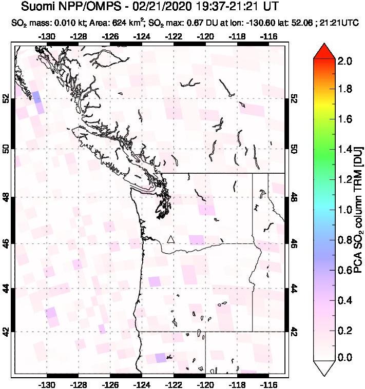 A sulfur dioxide image over Cascade Range, USA on Feb 21, 2020.