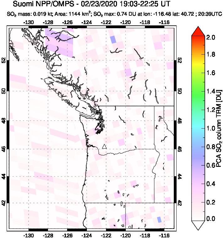 A sulfur dioxide image over Cascade Range, USA on Feb 23, 2020.