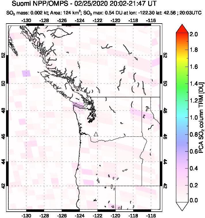 A sulfur dioxide image over Cascade Range, USA on Feb 25, 2020.