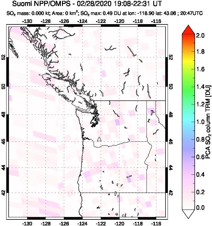 A sulfur dioxide image over Cascade Range, USA on Feb 28, 2020.