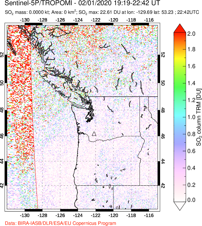 A sulfur dioxide image over Cascade Range, USA on Feb 01, 2020.