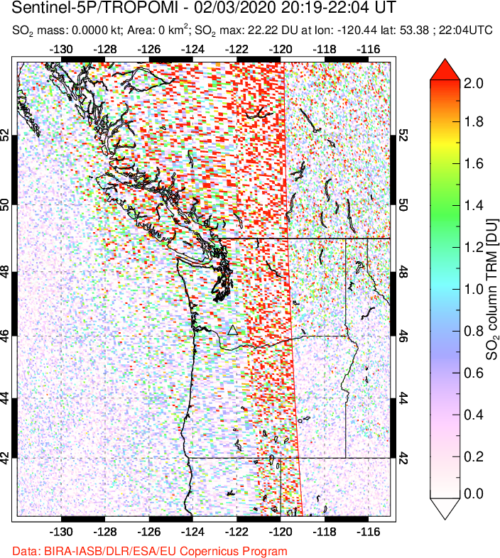 A sulfur dioxide image over Cascade Range, USA on Feb 03, 2020.