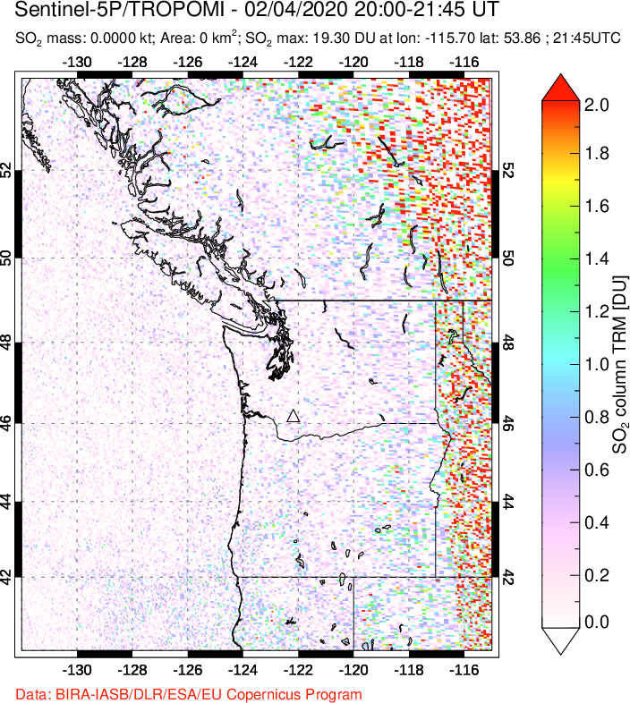 A sulfur dioxide image over Cascade Range, USA on Feb 04, 2020.