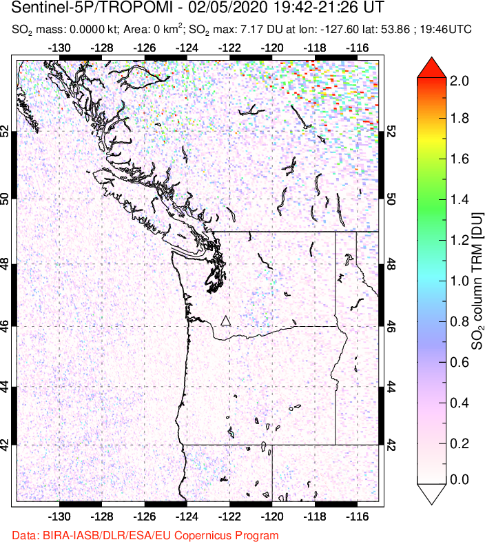 A sulfur dioxide image over Cascade Range, USA on Feb 05, 2020.