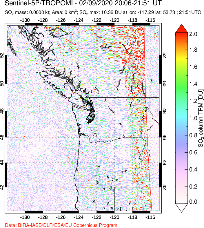 A sulfur dioxide image over Cascade Range, USA on Feb 09, 2020.