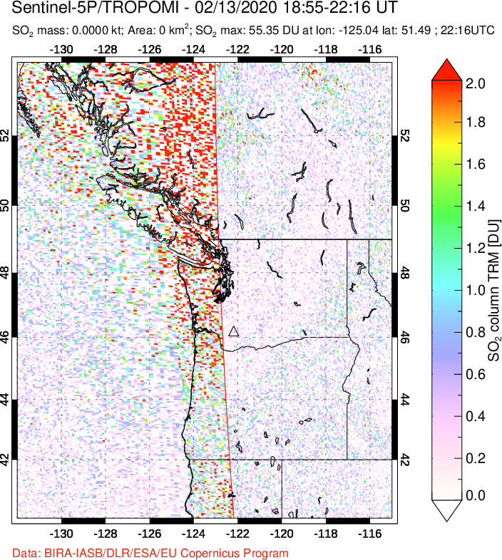 A sulfur dioxide image over Cascade Range, USA on Feb 13, 2020.