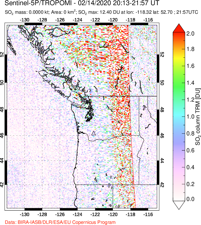 A sulfur dioxide image over Cascade Range, USA on Feb 14, 2020.