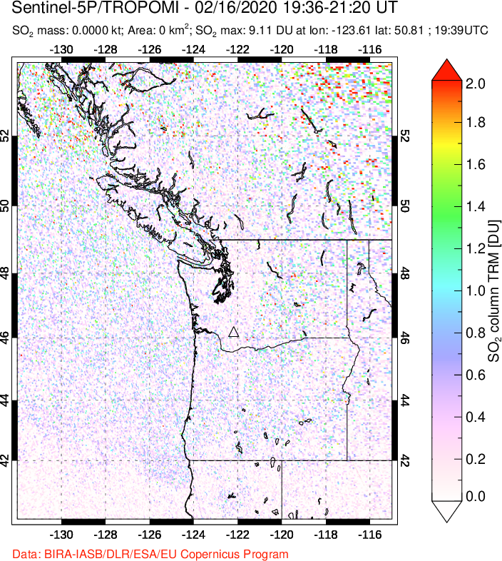 A sulfur dioxide image over Cascade Range, USA on Feb 16, 2020.
