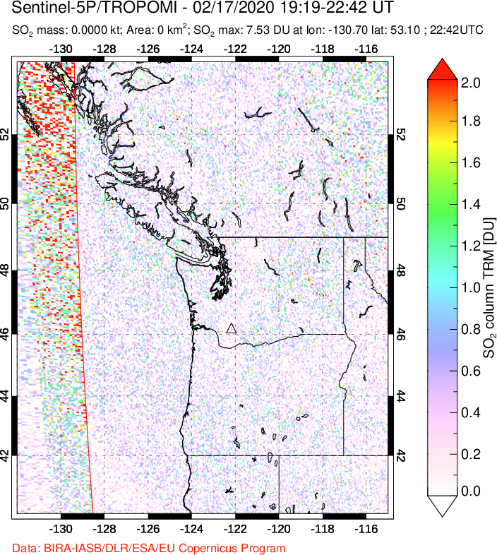 A sulfur dioxide image over Cascade Range, USA on Feb 17, 2020.