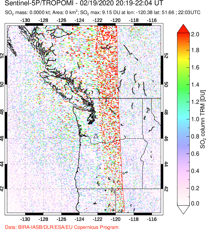 A sulfur dioxide image over Cascade Range, USA on Feb 19, 2020.