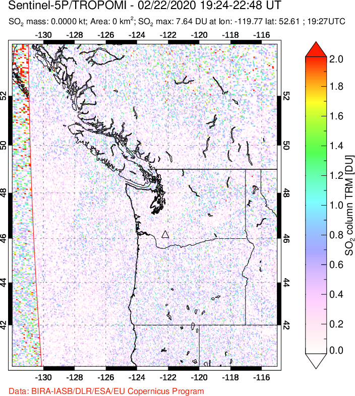 A sulfur dioxide image over Cascade Range, USA on Feb 22, 2020.