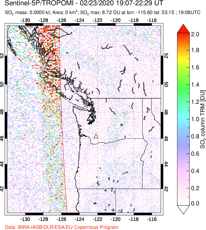 A sulfur dioxide image over Cascade Range, USA on Feb 23, 2020.