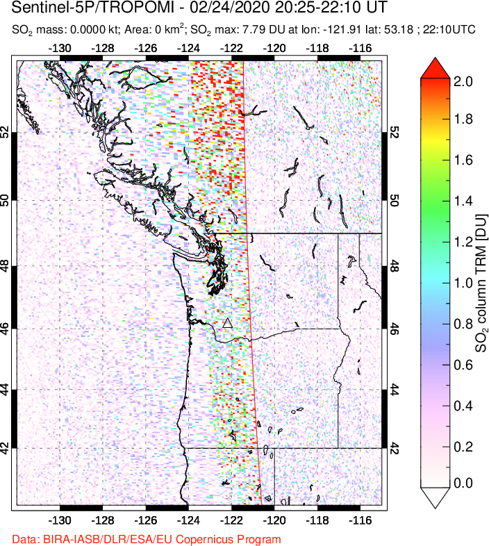 A sulfur dioxide image over Cascade Range, USA on Feb 24, 2020.