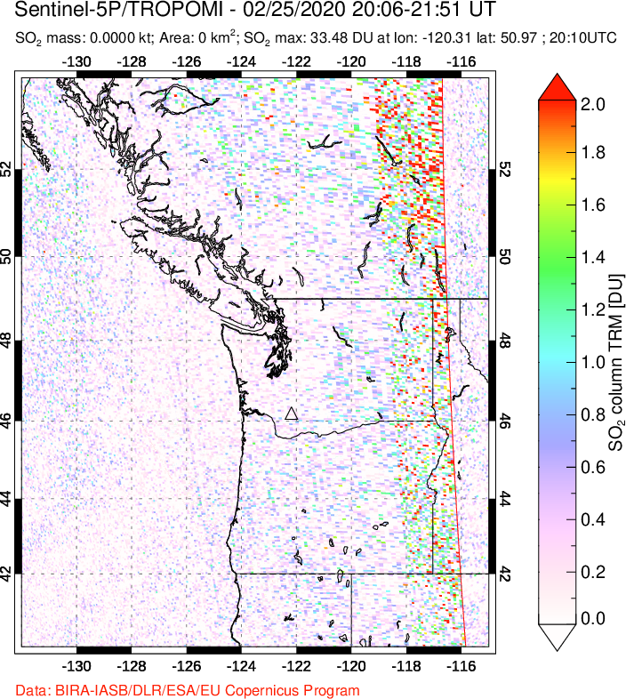 A sulfur dioxide image over Cascade Range, USA on Feb 25, 2020.