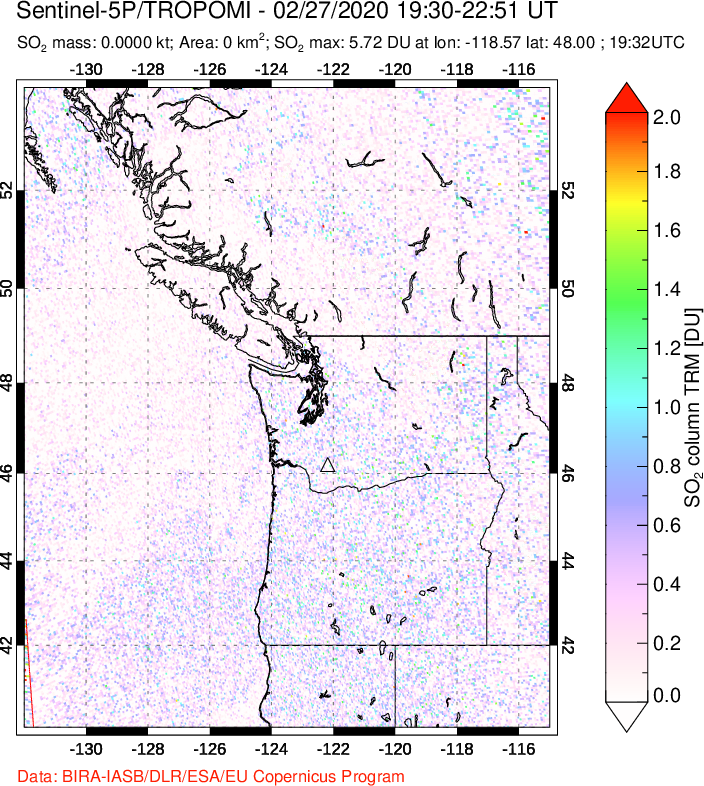 A sulfur dioxide image over Cascade Range, USA on Feb 27, 2020.