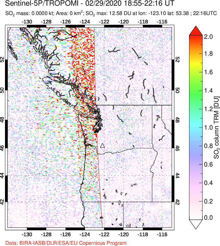 A sulfur dioxide image over Cascade Range, USA on Feb 29, 2020.