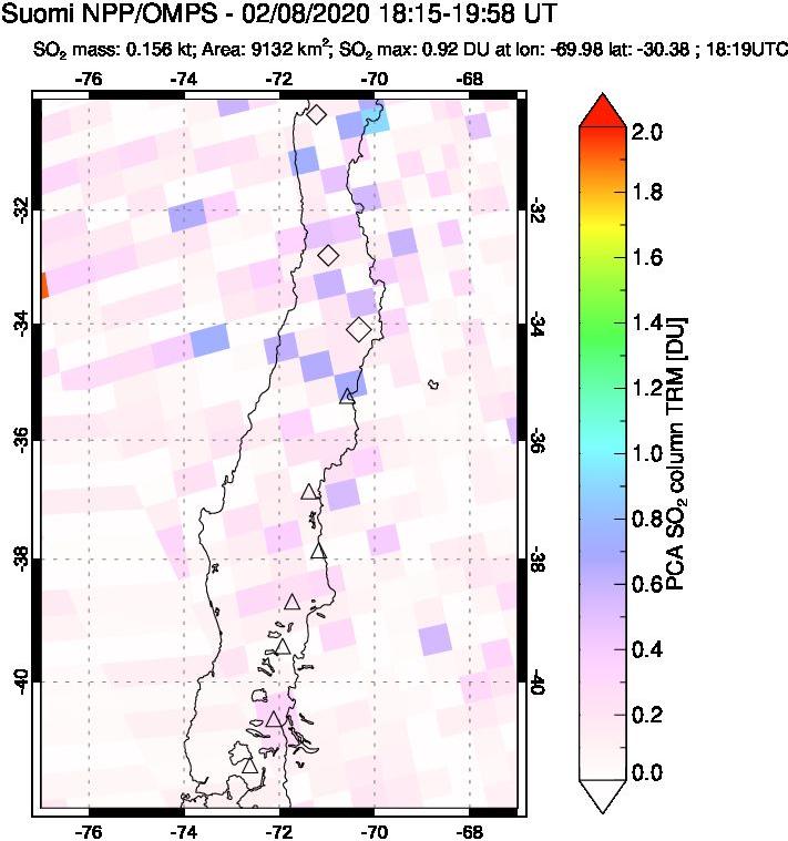 A sulfur dioxide image over Central Chile on Feb 08, 2020.