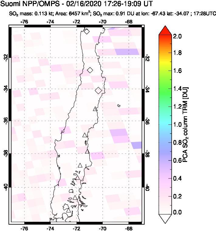 A sulfur dioxide image over Central Chile on Feb 16, 2020.