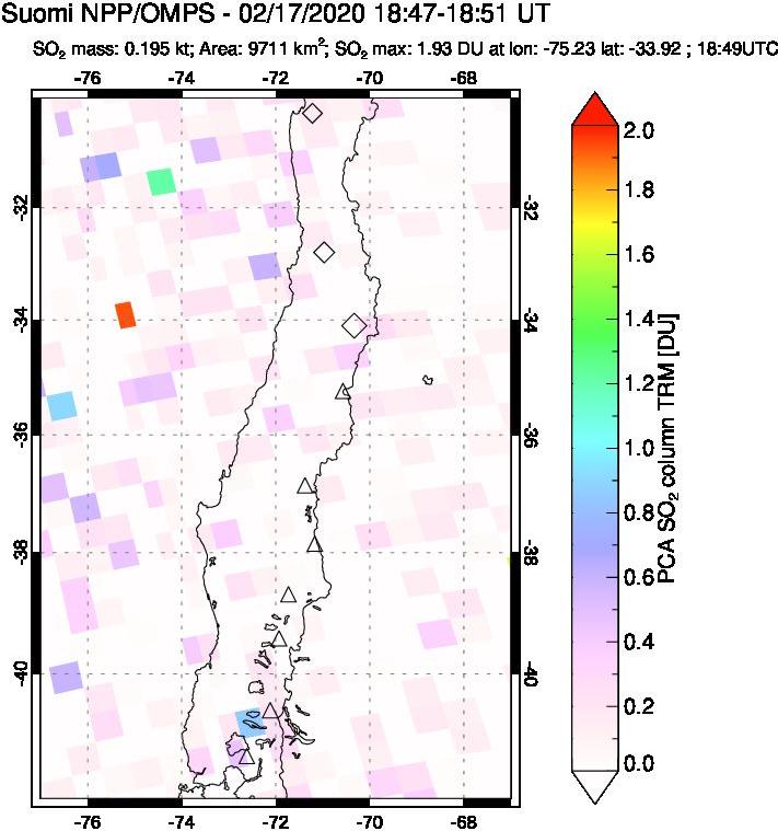 A sulfur dioxide image over Central Chile on Feb 17, 2020.