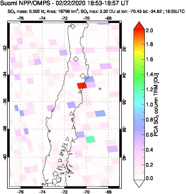 A sulfur dioxide image over Central Chile on Feb 22, 2020.