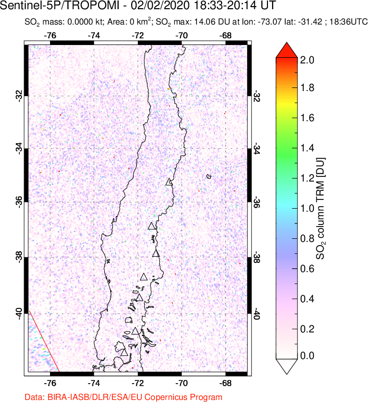 A sulfur dioxide image over Central Chile on Feb 02, 2020.