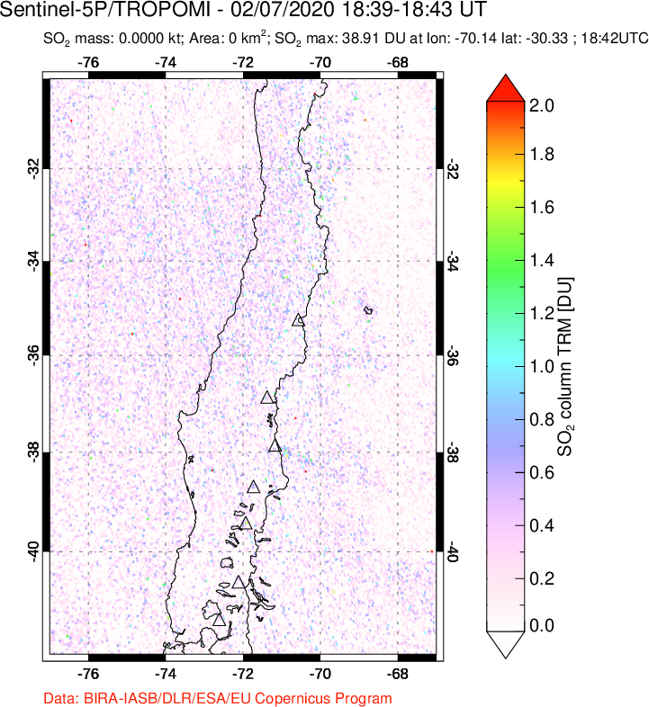 A sulfur dioxide image over Central Chile on Feb 07, 2020.