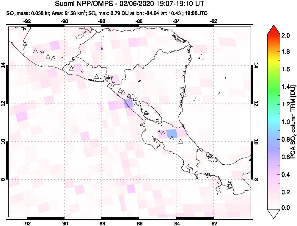 A sulfur dioxide image over Central America on Feb 06, 2020.