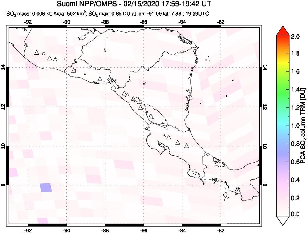 A sulfur dioxide image over Central America on Feb 15, 2020.