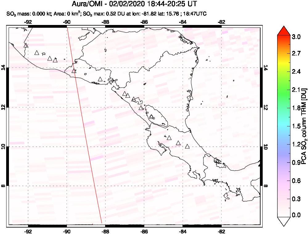 A sulfur dioxide image over Central America on Feb 02, 2020.