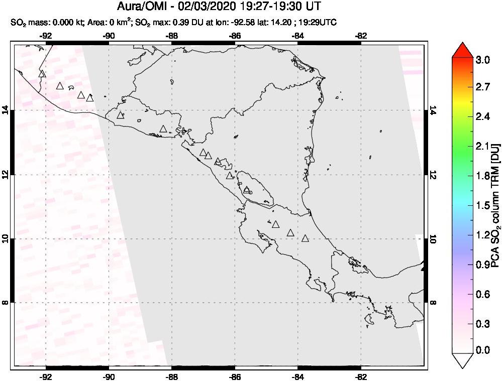A sulfur dioxide image over Central America on Feb 03, 2020.