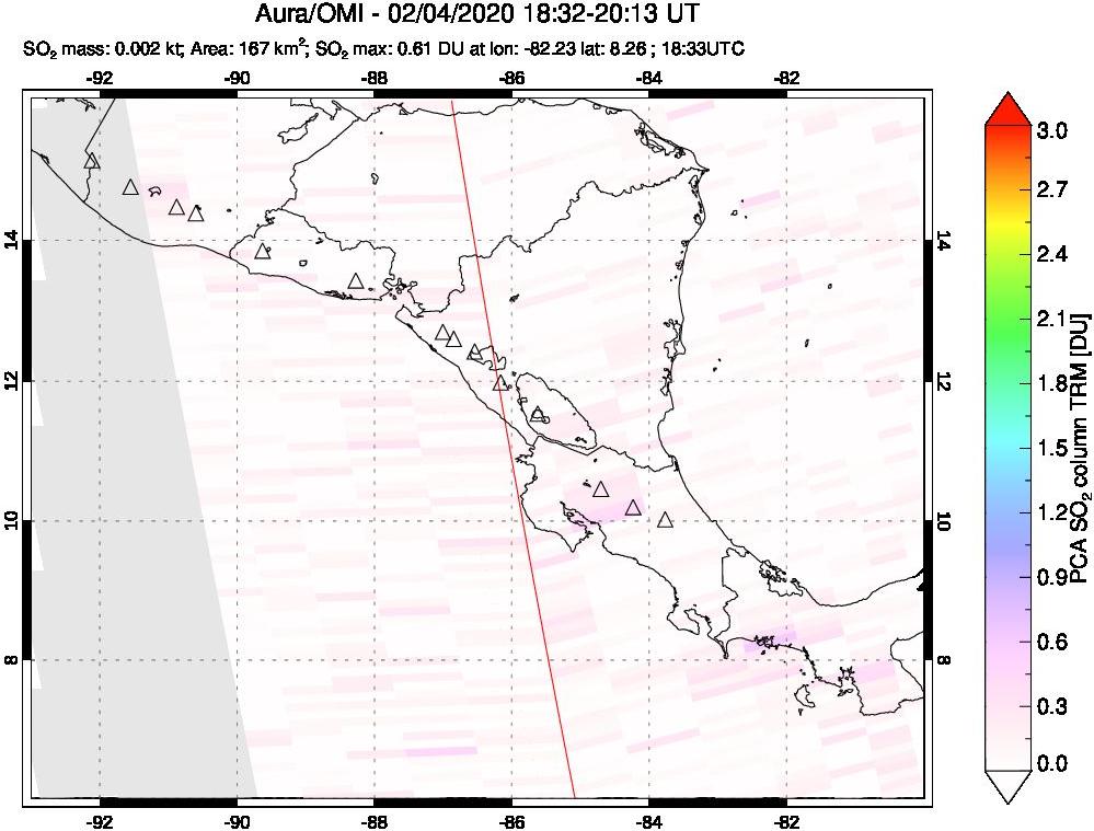 A sulfur dioxide image over Central America on Feb 04, 2020.