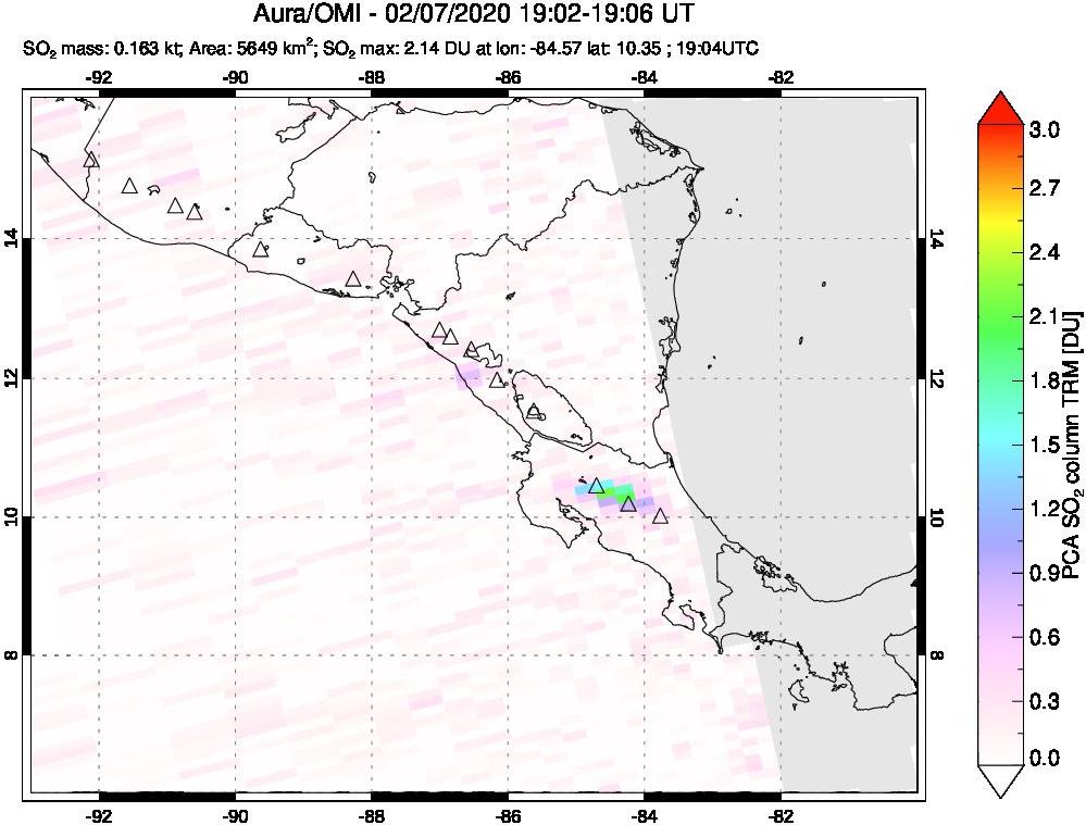 A sulfur dioxide image over Central America on Feb 07, 2020.