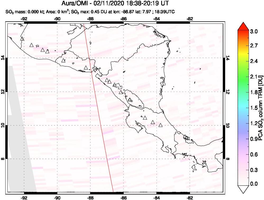 A sulfur dioxide image over Central America on Feb 11, 2020.
