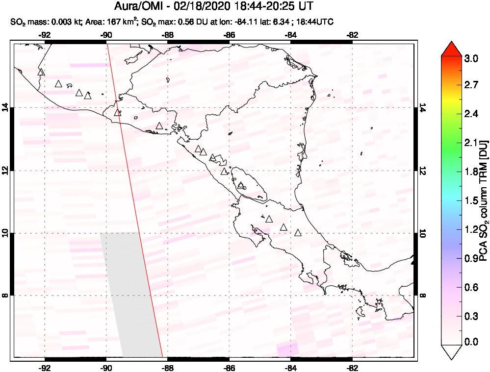 A sulfur dioxide image over Central America on Feb 18, 2020.