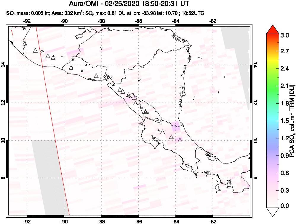 A sulfur dioxide image over Central America on Feb 25, 2020.