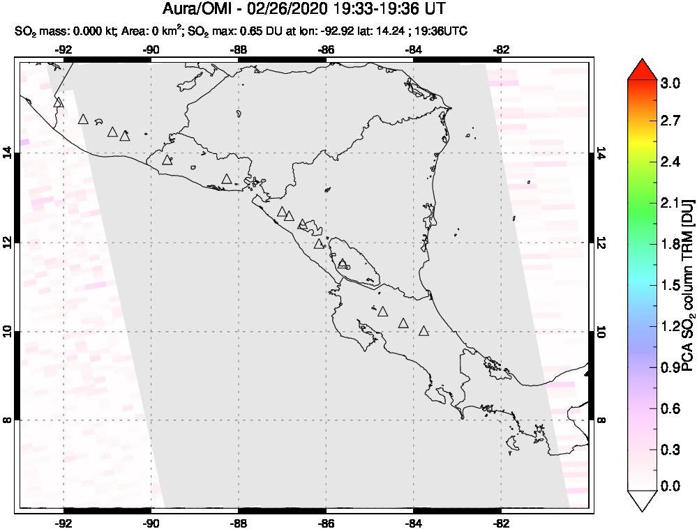 A sulfur dioxide image over Central America on Feb 26, 2020.