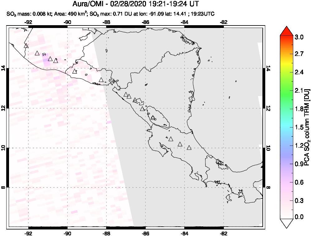 A sulfur dioxide image over Central America on Feb 28, 2020.