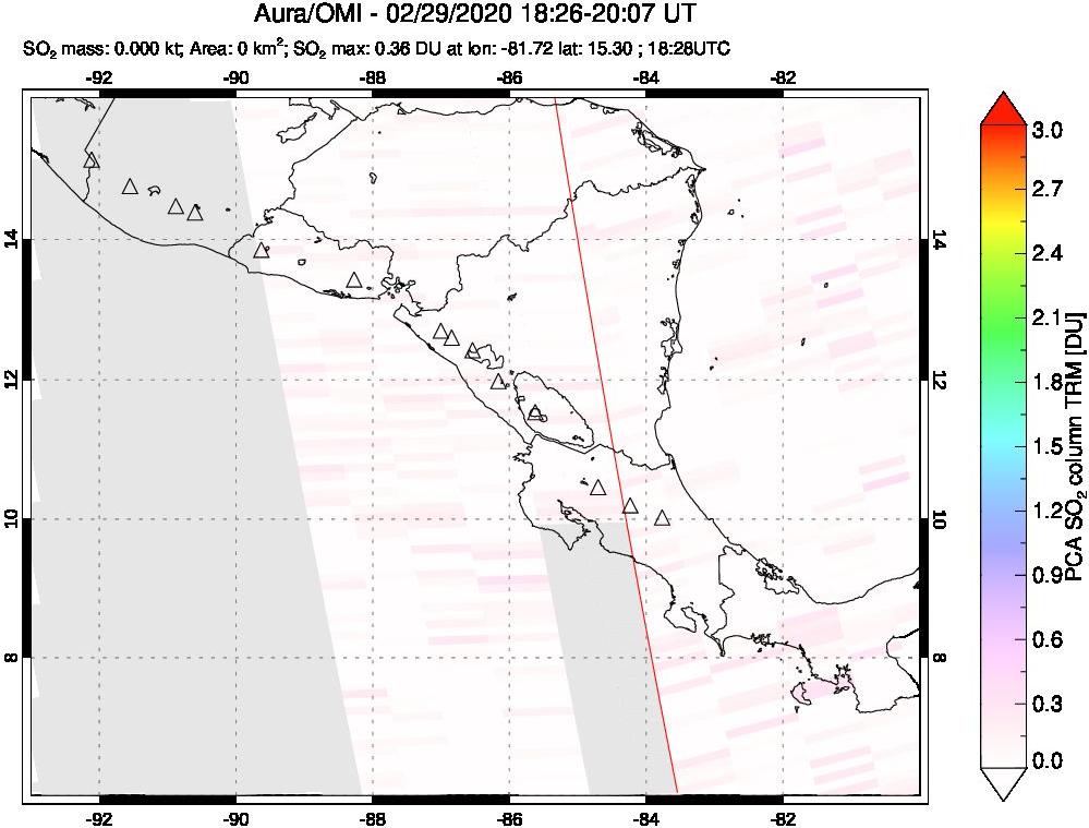 A sulfur dioxide image over Central America on Feb 29, 2020.