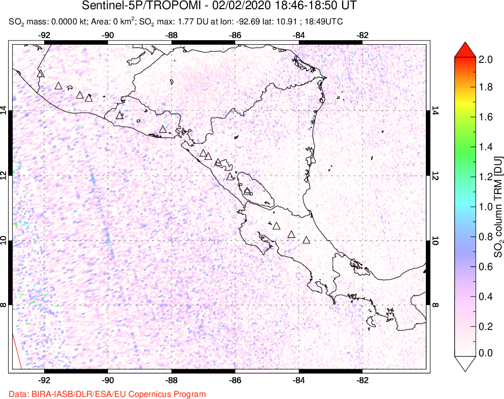 A sulfur dioxide image over Central America on Feb 02, 2020.