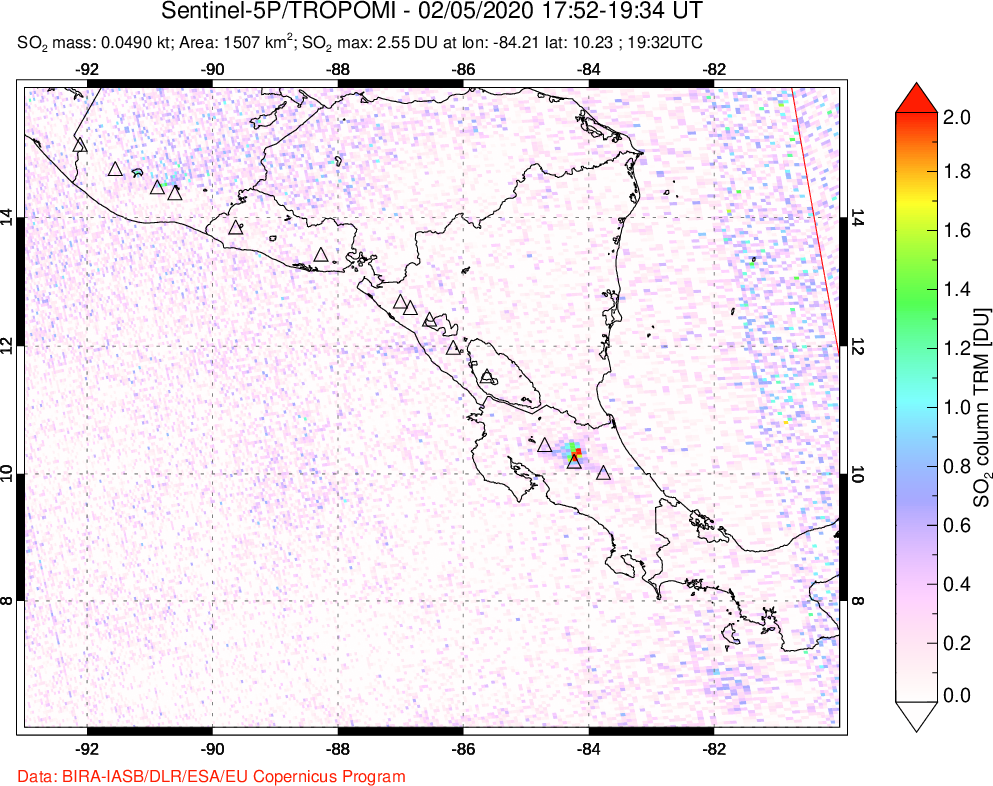 A sulfur dioxide image over Central America on Feb 05, 2020.