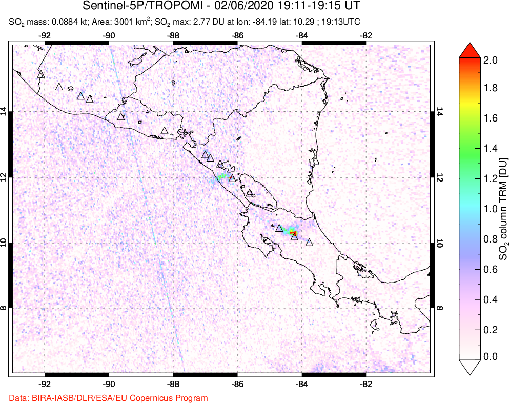 A sulfur dioxide image over Central America on Feb 06, 2020.