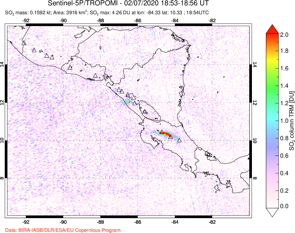 A sulfur dioxide image over Central America on Feb 07, 2020.