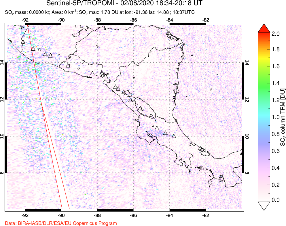 A sulfur dioxide image over Central America on Feb 08, 2020.