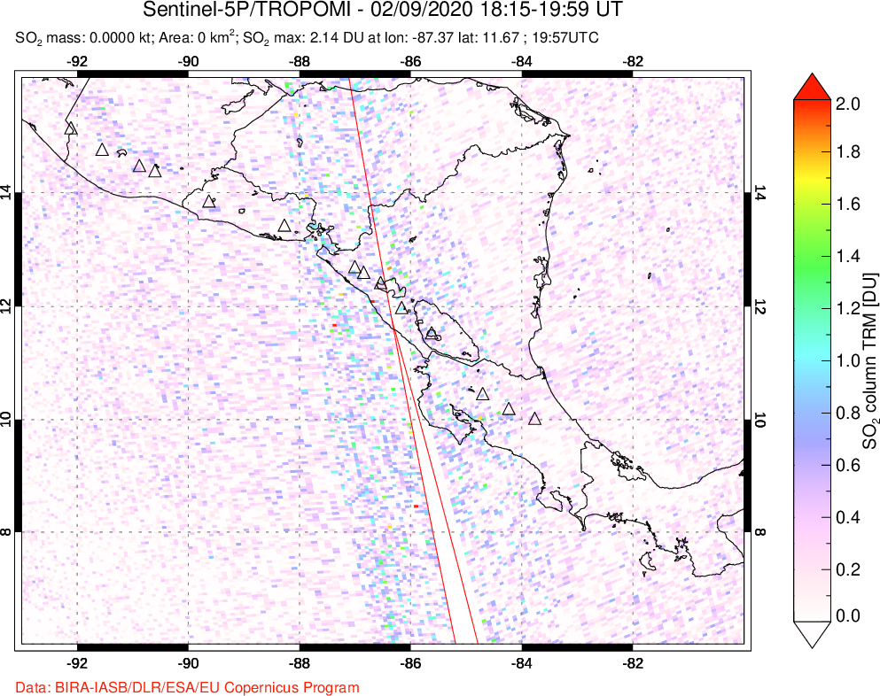 A sulfur dioxide image over Central America on Feb 09, 2020.