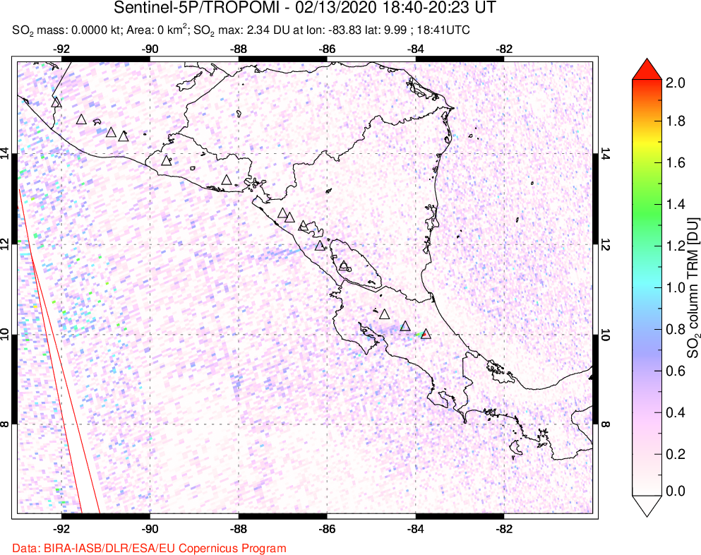 A sulfur dioxide image over Central America on Feb 13, 2020.