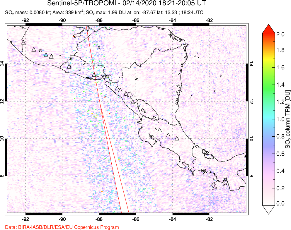 A sulfur dioxide image over Central America on Feb 14, 2020.