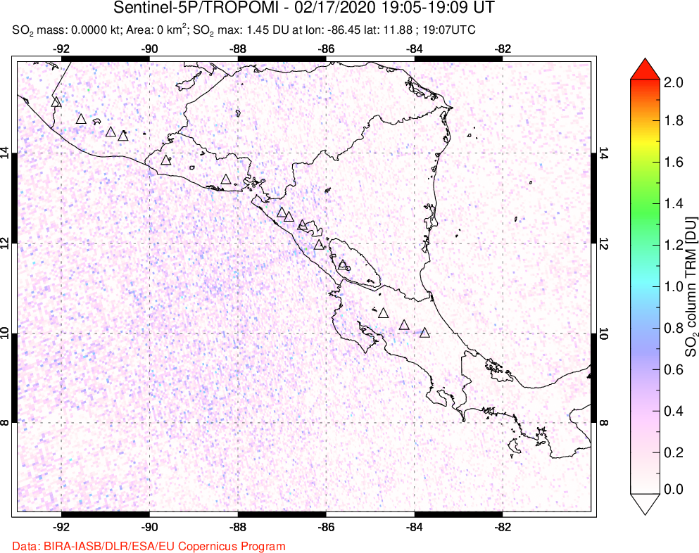 A sulfur dioxide image over Central America on Feb 17, 2020.